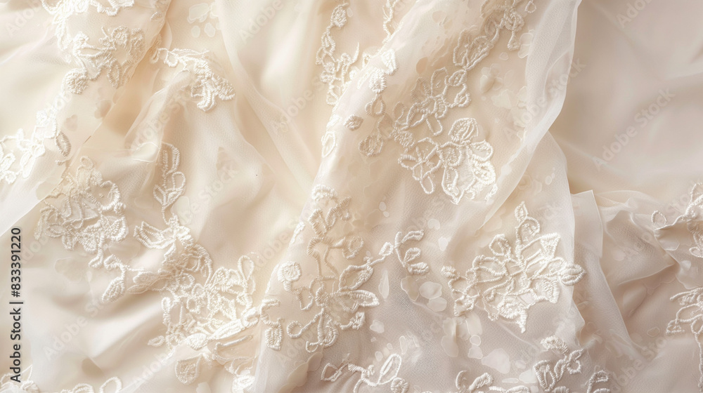 A pattern of intricate lace fabric with a soft ivory background. The lace is arranged in a way that creates a sense of elegance and delicacy A pattern of intricate lace fabric with a soft ivory background. The lace is arranged in a way that creates a sense of elegance and delicacy