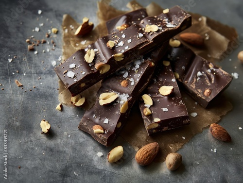 Dark chocolate bars topped with almonds and sea salt are arranged on parchment paper over a metal surface