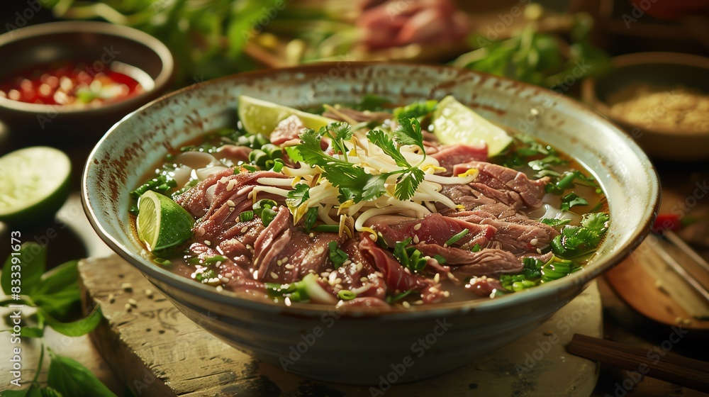 A steaming bowl of pho with rare beef, rice noodles, and fresh herbs. The perfect comfort food for a cold day. A steaming bowl of pho with rare beef, rice noodles, and fresh herbs. The perfect comfort food for a cold day.