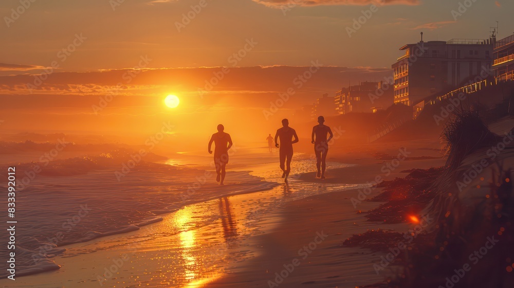 People jogging along a beach at sunrise. People jogging along a beach at sunrise.
