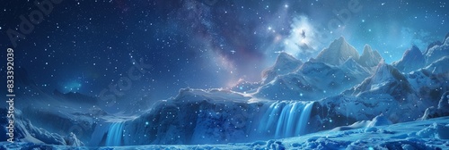 Starlit sovereign of the ancient sky atop frozen waterfalls background, ai generated © Seussi