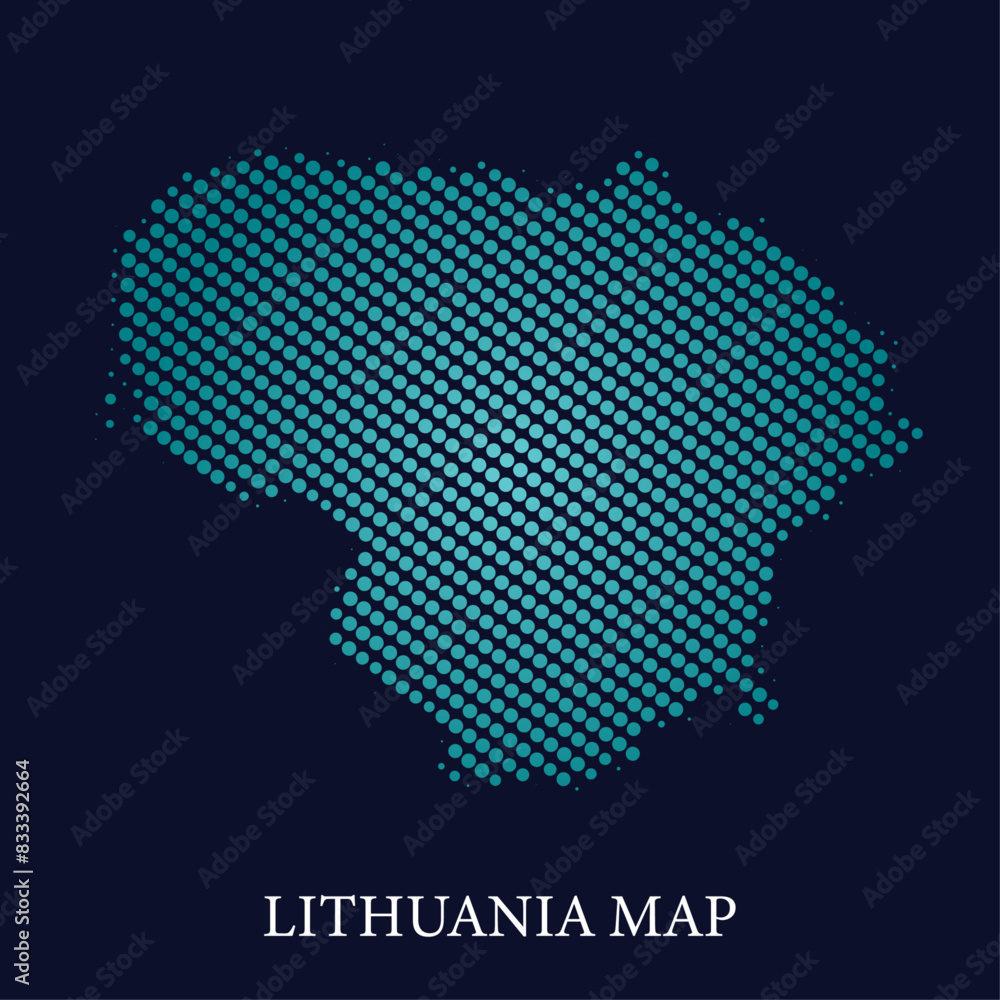 Modern halftone dot effect on dark background with map of Lithuania