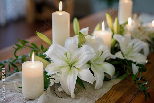 Fresh white lilies and burning white candles on a wooden table.