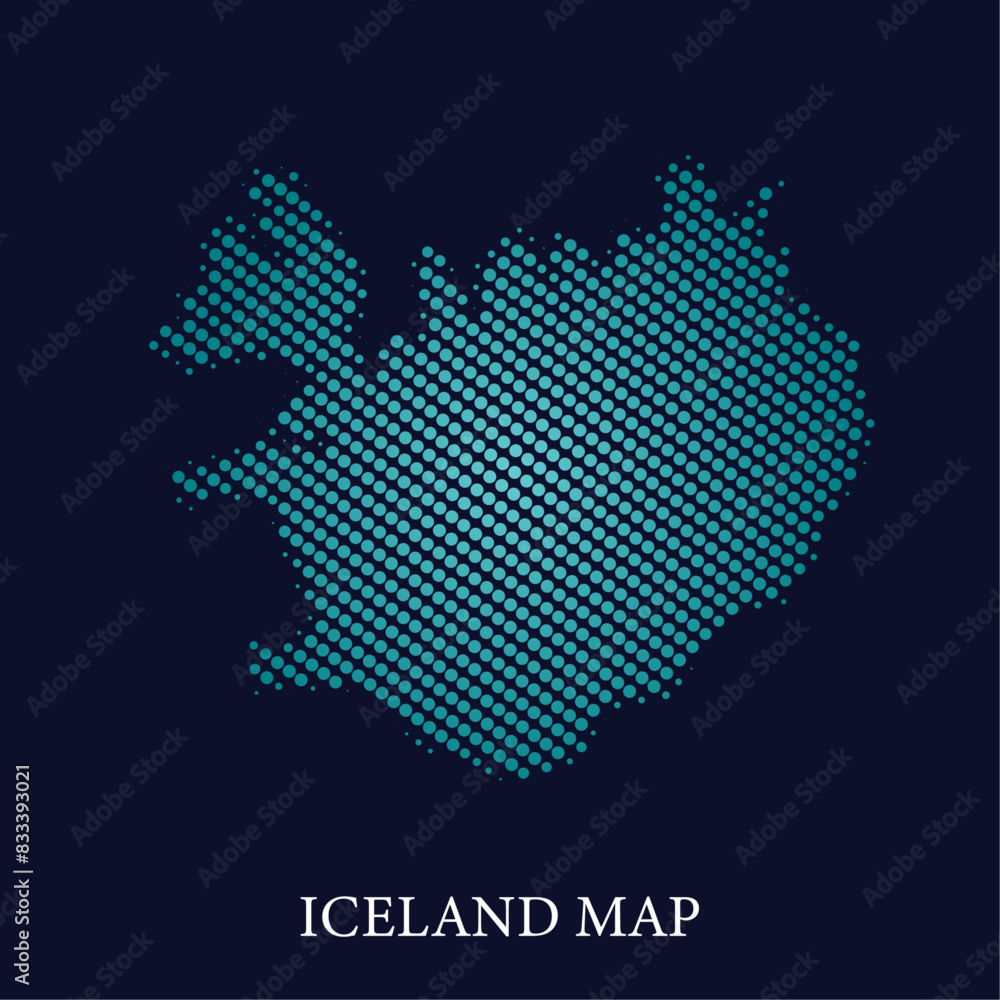 Modern halftone dot effect on dark background with map of Iceland
