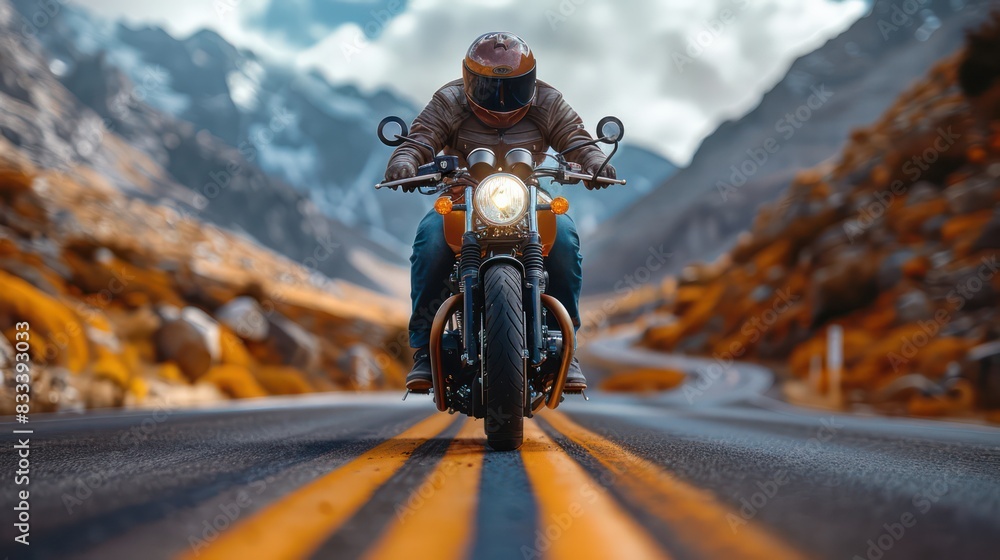 Motorcycle rider cruising on an open road. Motorcycle rider cruising on an open road.