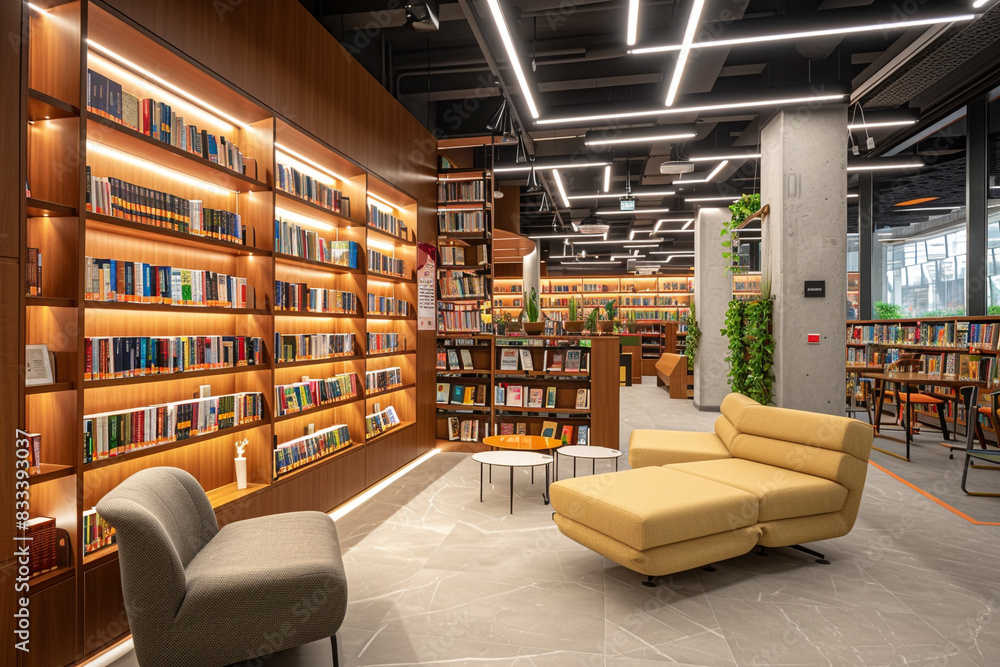 A modern library with AI-powered book recommendations, digital archives, and a cozy reading nook equipped with adjustable lighting and ergonomic seating. A modern library with AI-powered book recommendations, digital archives, and a cozy reading nook equipped with adjustable lighting and ergonomic seating.