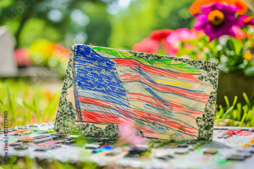 Close view of a child's drawing of an American flag at a veteran's grave. photo