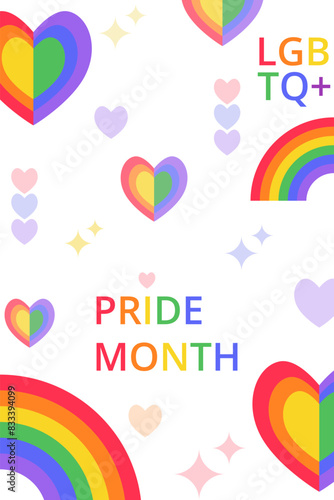 Abstract geometric poster for Pride Month with rainbow  colorful hearts and typography. Template for card  invitation  flyer  banner  cover