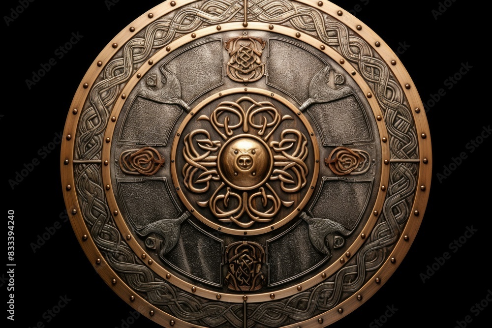 Close-up of a decorative celtic shield featuring intricate metalwork patterns