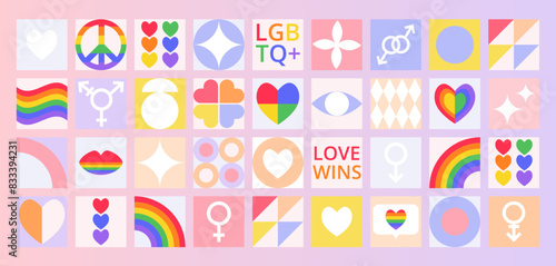 Geometric mosaic Pride Month pattern on gradient backdrop. Icons with LGBT symbols  hearts  rainbow  flag. Trendy design for banner  card  cover  poster  advertising  wallpaper  packaging.