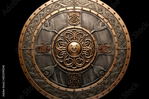 Close-up of a decorative celtic shield featuring intricate metalwork patterns