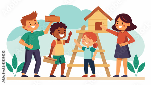 A group of siblings carefully measuring and ting wooden planks to create the foundation of the treehouse encouraging each other with smiles and. Vector illustration