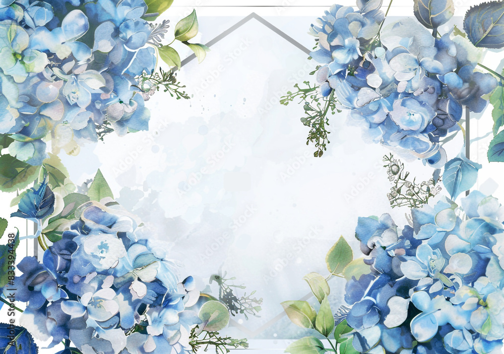 watercolor white and blue hydrangea flower frame with silver accents ...