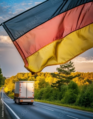 Deutschlandweiter Versand und Transport mit LKW - Deutschlandflagge und Lastkraftwagen photo