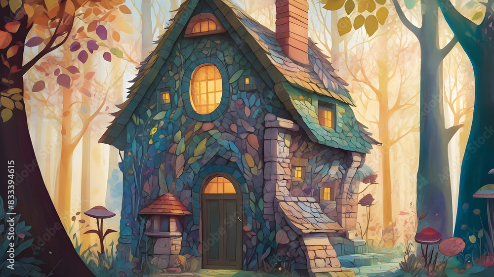 Obraz premium A detailed and whimsical illustration of a Dreamy house constructed entirely from soft, colorful feathers.