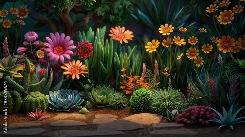 Colorful flowers and succulents are spread all over the place, soft candy colors, cartoon three-dimensional style. © Дмитрий Симаков