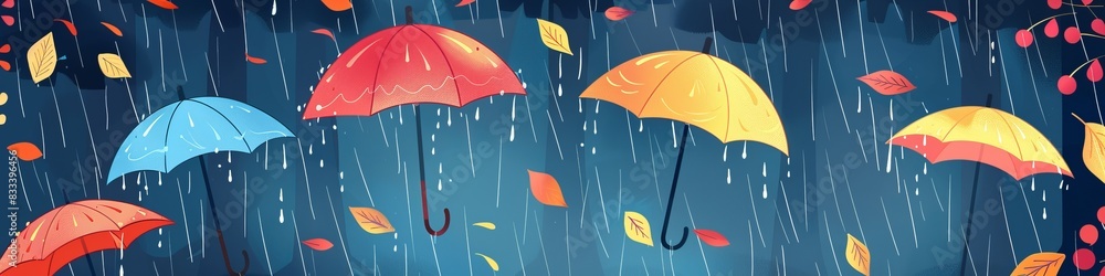 cartoon umbrella in the rain flat illustration.