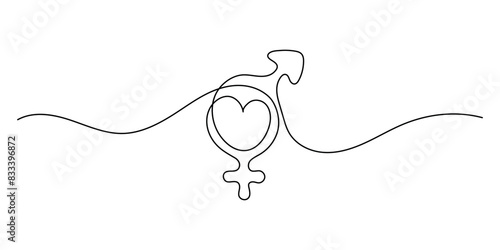 One solid line gender symbol on white background. One line with masculine and feminine signs. minimalist graphics