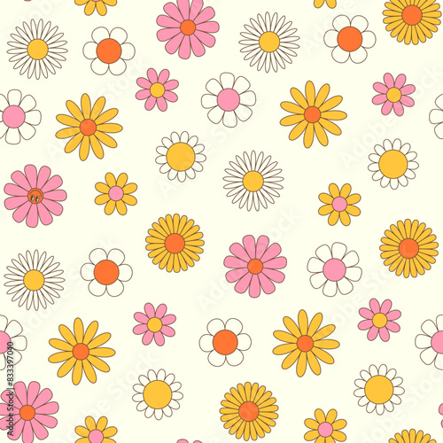Colorfull seamless pattern with groovy daisy on the white background