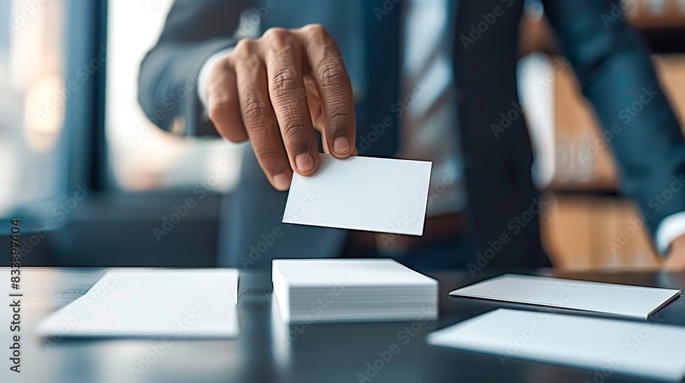 Businessman selecting a blank business card from a stack, symbolizing networking and professional communication. Businessman selecting a blank business card from a stack, symbolizing networking and professional communication.