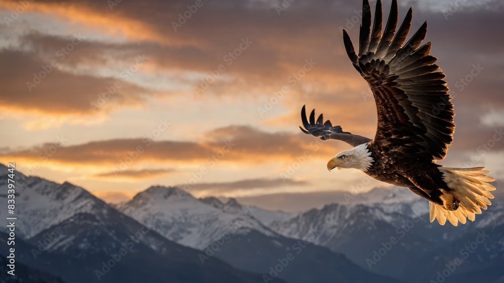 A magnificent bald eagle with its wings fully extended, gliding gracefully through the air. The eagle's feathers are intricately detailed, showing the contrast between the dark brown body and the stri A magnificent bald eagle with its wings fully extended, gliding gracefully through the air. The eagle's feathers are intricately detailed, showing the contrast between the dark brown body and the stri