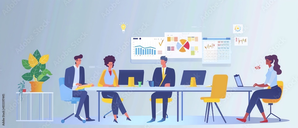 A diverse team collaborates in a modern office setting with computers, charts, and a plant for a business meeting. A diverse team collaborates in a modern office setting with computers, charts, and a plant for a business meeting.