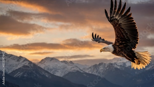 A magnificent bald eagle with its wings fully extended  gliding gracefully through the air. The eagle s feathers are intricately detailed  showing the contrast between the dark brown body and the stri