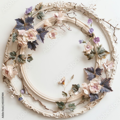 Elegant floral wreath with vintage frame, perfect for wedding invitations or romantic projects.