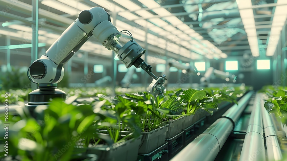 Advanced robotic harvesting machines working in a smart greenhouse with hydroponic systems and LED lighting Advanced robotic harvesting machines working in a smart greenhouse with hydroponic systems and LED lighting