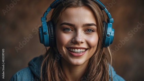 Women listening to music Beautiful Happy Girl Smiling in Headphones