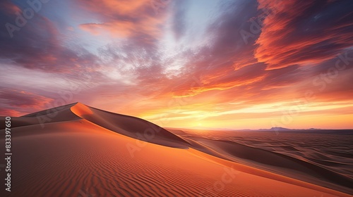 Photograph of a breathtaking sunrise over a vast desert landscape, with the sand dunes glowing in the warm light.