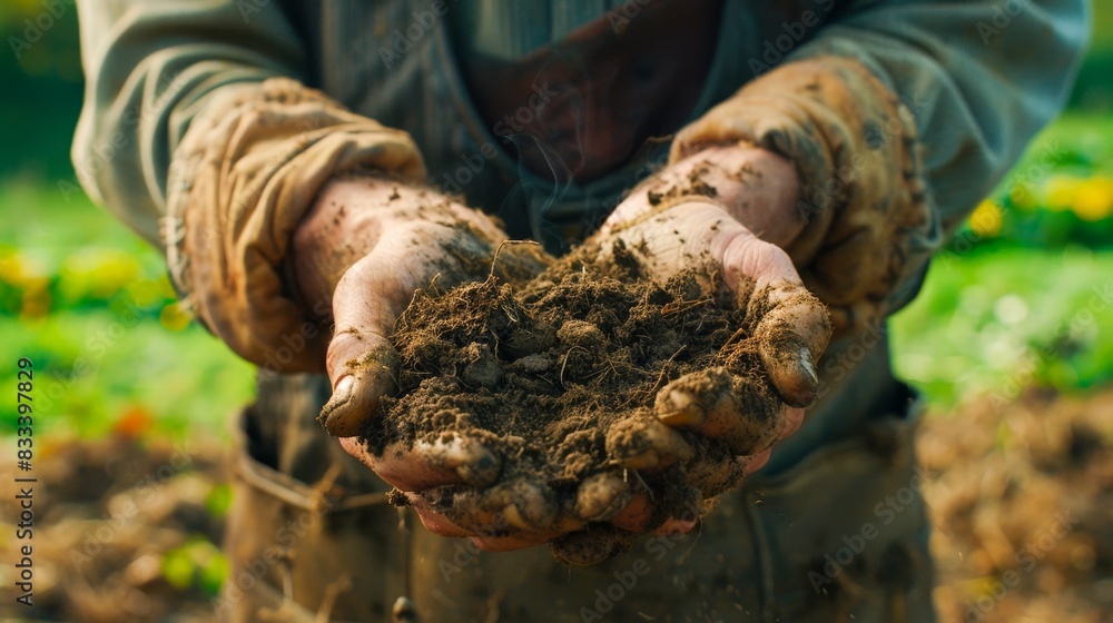 Close-up of a farmer's muddy hands holding rich, organic soil, symbolizing agriculture, growth, and sustainability. Close-up of a farmer's muddy hands holding rich, organic soil, symbolizing agriculture, growth, and sustainability.