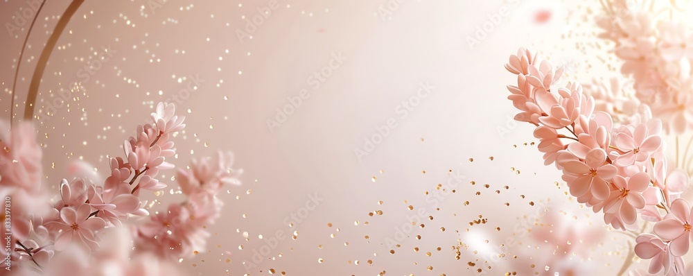Pink flowers with gold glitter falling in a white background. Pink flowers with gold glitter falling in a white background.