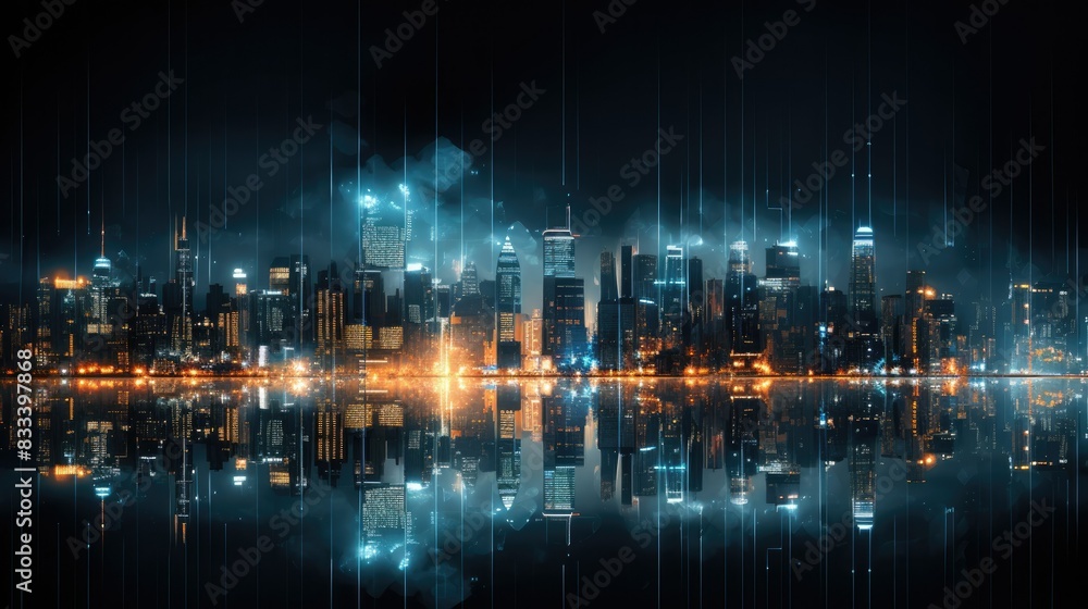Photograph of a city skyline at night, with a focus on the intricate patterns of lights
