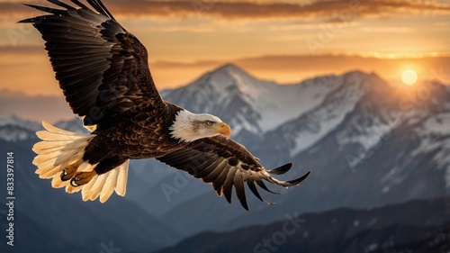 Wallpaper Mural A magnificent bald eagle with its wings fully extended, gliding gracefully through the air. The eagle's feathers are intricately detailed, showing the contrast between the dark brown body and the stri Torontodigital.ca
