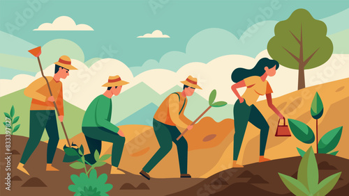Reforestation volunteers hike through rugged terrain stopping periodically to plant a tree in a designated spot each one representing a future pillar. Vector illustration