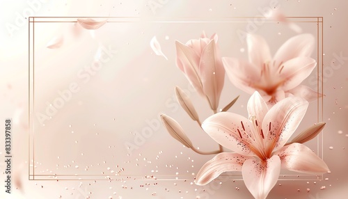 Delicate pink lilies with falling petals and golden frame on a soft pink background.
