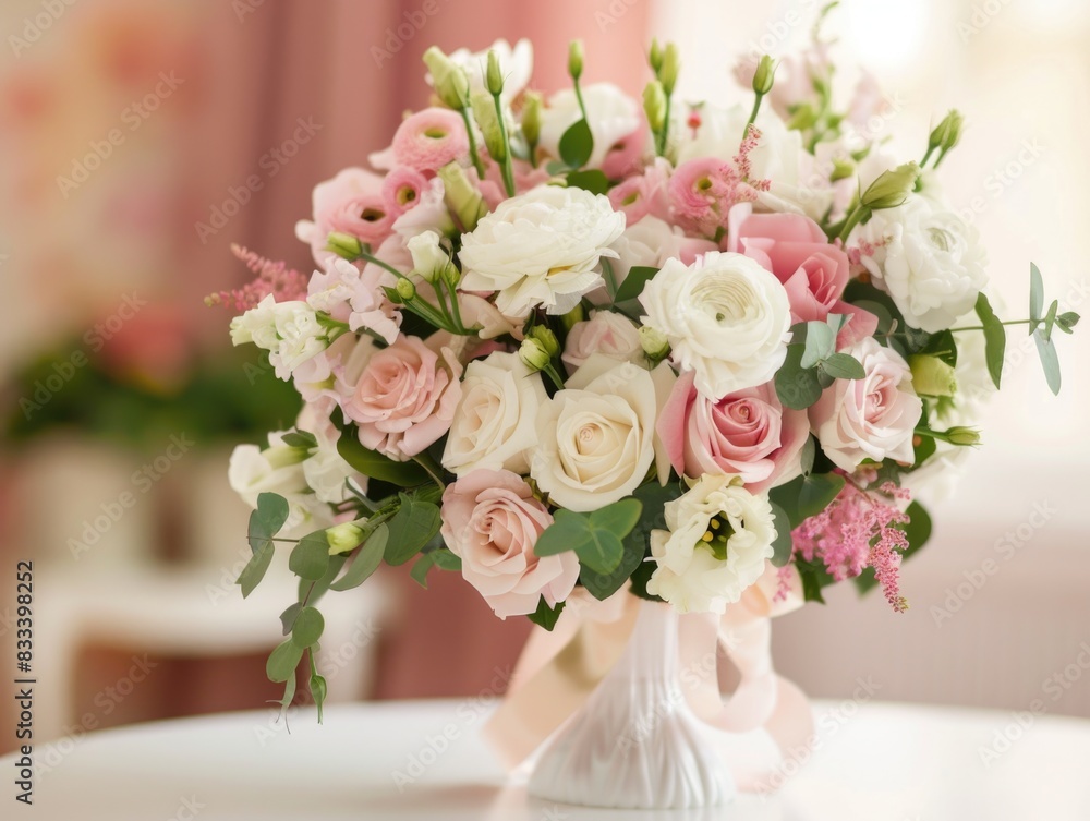 Obraz premium Flower Bouquet. White and Pink Roses in Vase for Wedding Table Decoration