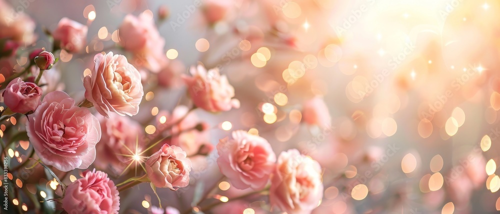 Soft pink roses with bokeh lights in a dreamy setting.