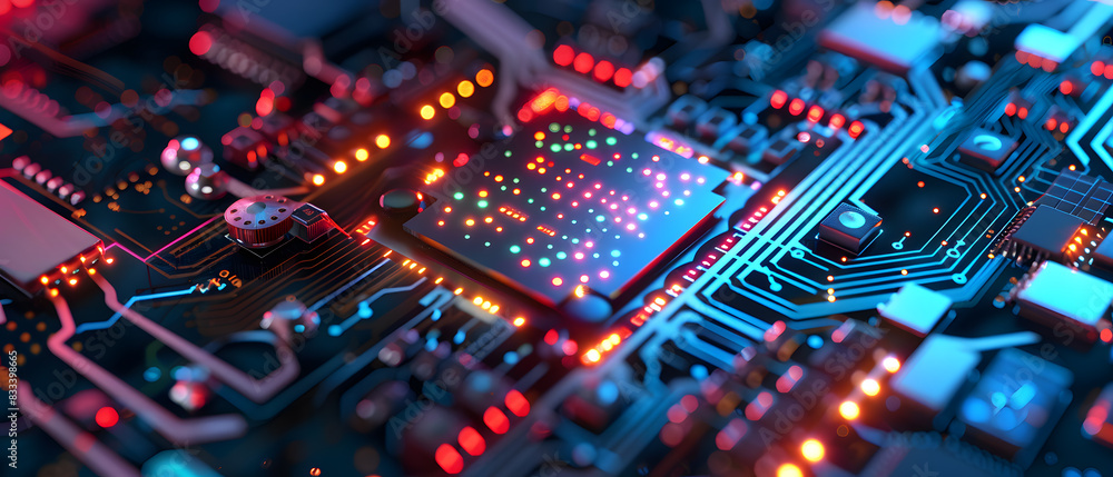 Close up of a circuit board with glowing red and blue lights. Close up of a circuit board with glowing red and blue lights.