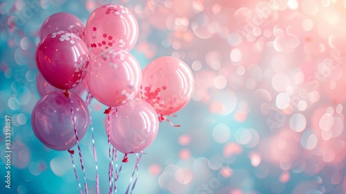 Pink balloons with confetti against a pastel blue and pink bokeh background. photo