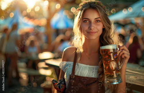 Beautiful young woman in a traditional German outfit holding a beer glass at the festival, looking into the camera smiling photo