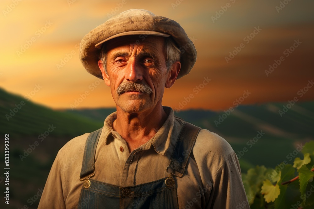 Fototapeta premium Elder farmer stands proudly in his vineyard at sunset, reflecting dedication