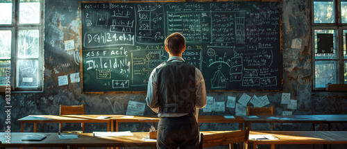 Teacher in classroom, appearing troubled while grading papers, chalkboard filled with complex equations