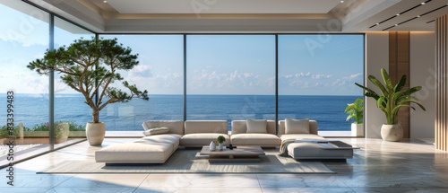 Stylish minimalist living room with panoramic ocean views, sleek furniture, and large windows, 3D render for ads © Starkreal