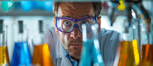 Scientist in lab, looking worried while analyzing samples, laboratory equipment and test tubes