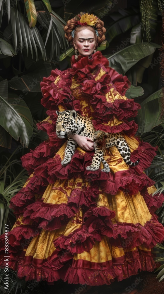 A woman in a red and yellow dress holding a leopard. The woman is dressed in a costume and the leopard is also dressed in a costume. The scene is set in a jungle and the woman