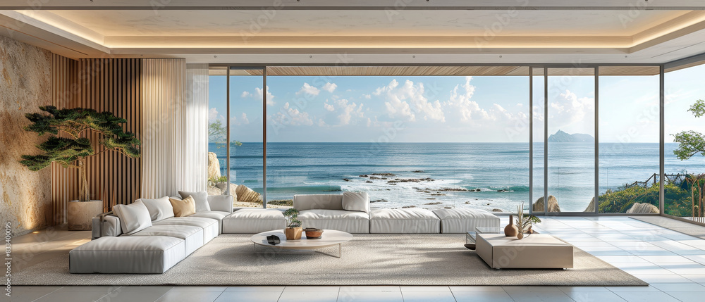 Modern beachfront living room with minimalist style, large glass windows showcasing ocean view, perfect for ad posters Modern beachfront living room with minimalist style, large glass windows showcasing ocean view, perfect for ad posters