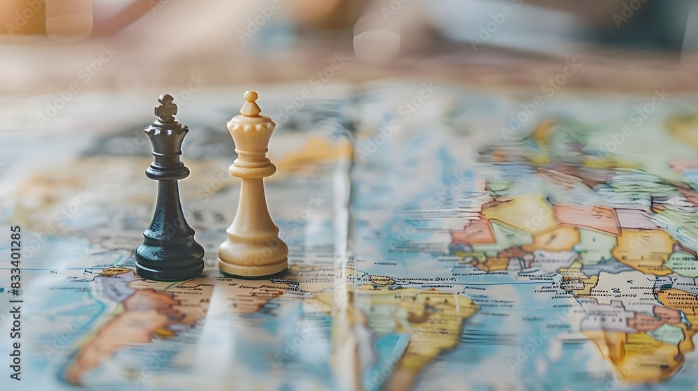 Geopolitics concept image with two chess pieces on a world map representing geopolitical discussion and movement between countries and continents Geopolitics concept image with two chess pieces on a world map representing geopolitical discussion and movement between countries and continents