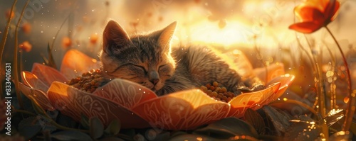 A tabby cat naps peacefully in a field of golden light. photo